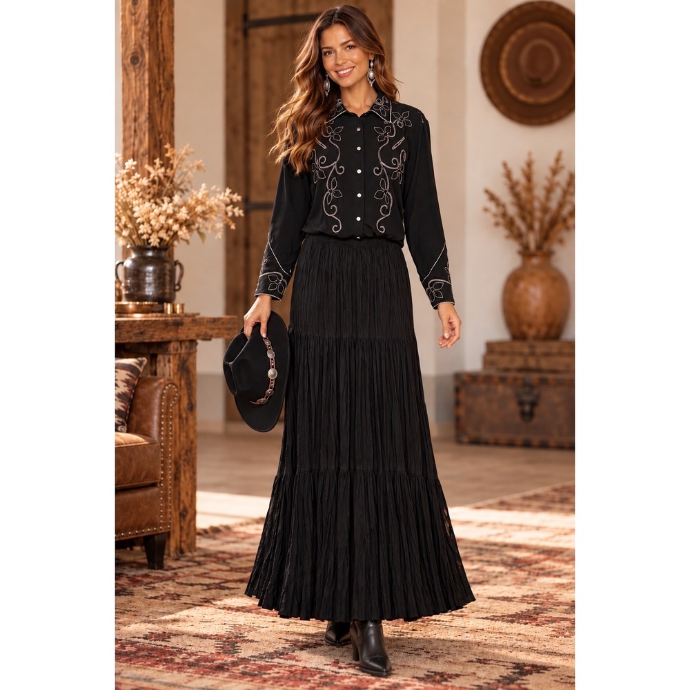 DOUBLE D RANCHWEAR Black Crinkle Rayon Broomstick Top Maxi Skirt Set M L